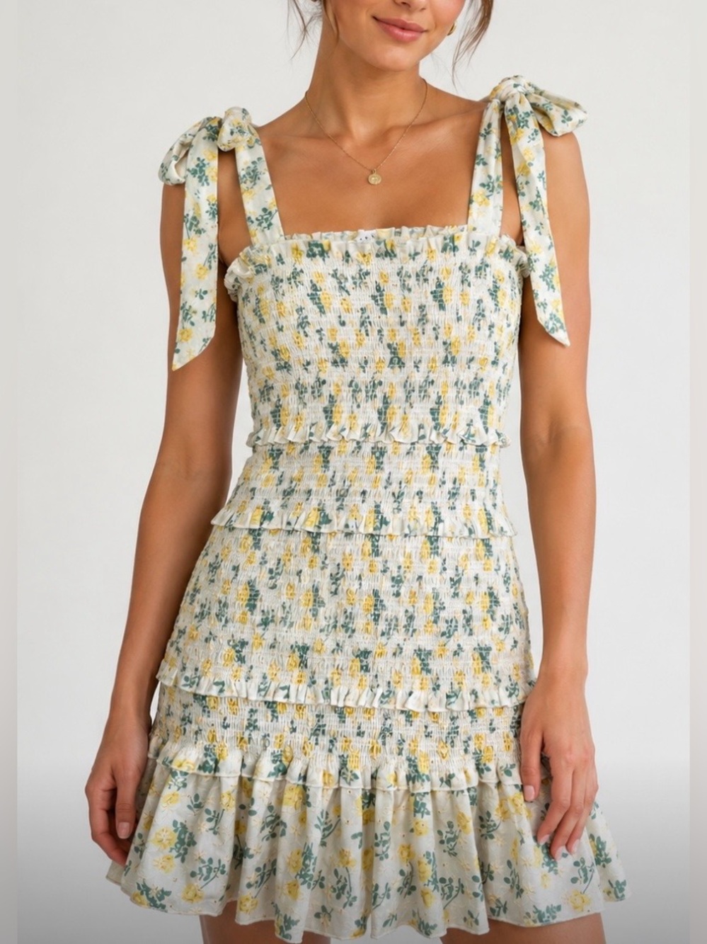 🛍️SALE Anthropologie Mable floral eyelet smocked mini dress bow straps sz m NWOT